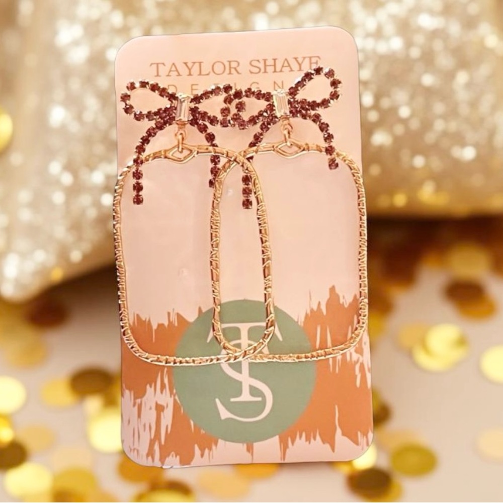 Taylor Shaye Earrings Gold and Pink Crystal Bow Earrings